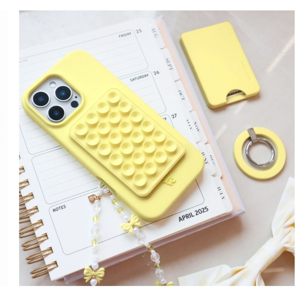 Butter Yellow Velvet Caviar iPhone 16pro Case and Mighty Grip Mount